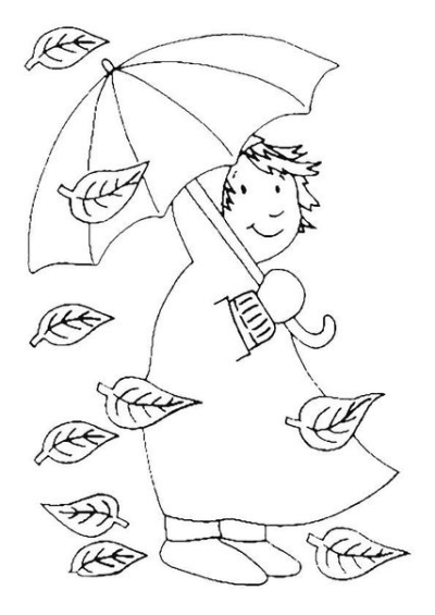 Illustration of a girl with an umbrella on a windy autumn day, leaves falling around her. Simple line art for creative projects.