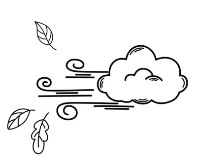 Illustration of a wind cloud blowing leaves in autumn. Graphic image of wind weather and falling leaves.