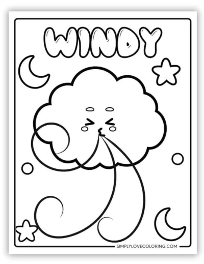 Cartoon style illustration of a windy cloud with a face blowing wind, surrounded by a moon and star shapes.