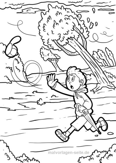 A black and white outline drawing of a boy running after his hat in very windy weather, with bent trees and swirling wind lines.