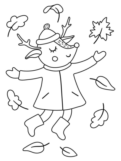 Illustration of a cute deer wearing a coat and hat, enjoying a windy autumn day with falling leaves.