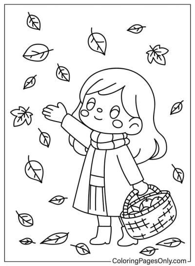 Illustration of a girl with a scarf and basket catching falling leaves in autumn, perfect for illustrating seasonal change.