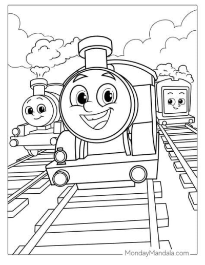 Cartoon style illustration of smiling trains on a railroad. Black and white line art for easy design, with puffy clouds in the background.