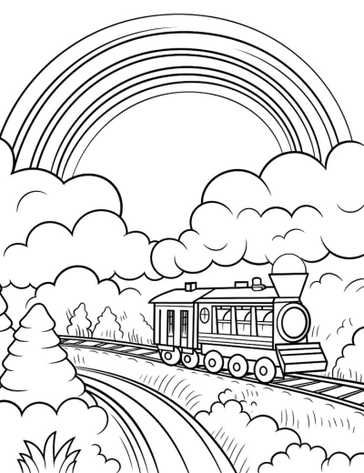 A cartoon train travels through a whimsical landscape under a bright rainbow in the clouds. An image with train on a railway.