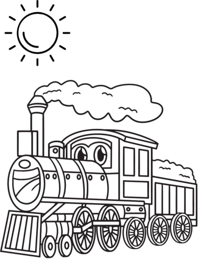 Cartoon train locomotive clipart with smiling sun and a single freight car. Black and white vector illustration.