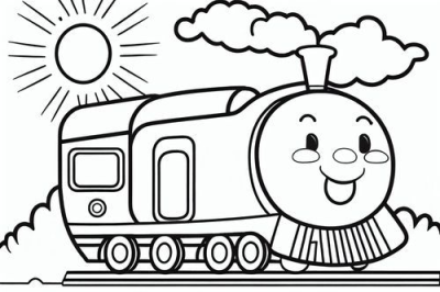 Black and white outline illustration of a cartoon train engine with a smiling face, traveling under the sun and past some fluffy clouds.
