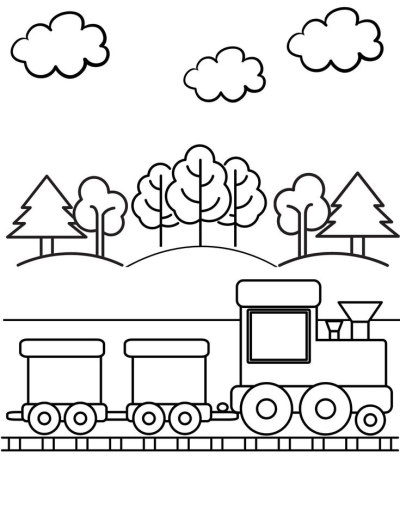 An outline image of a train traveling past trees under a cloudy sky. It can be used for educational purposes or simply as a visual aid.
