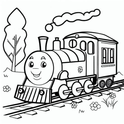 Cartoon steam train illustration. Features a smiling train on tracks, emitting smoke, with a tree and flowers in the background.