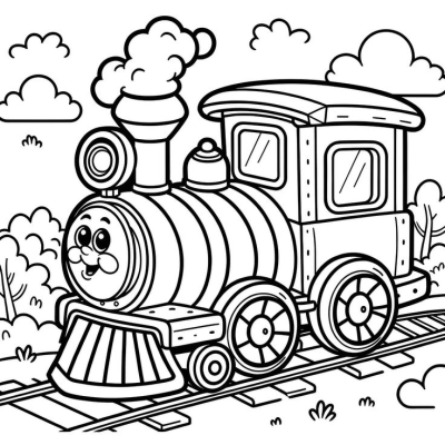Black and white line art of a cartoon steam train locomotive engine with a happy face. Locomotive is on a track with clouds in the background.