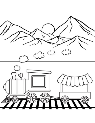 Black and white drawing of a train on railroad tracks with mountains and clouds in the background, perfect for illustrating a children's story.