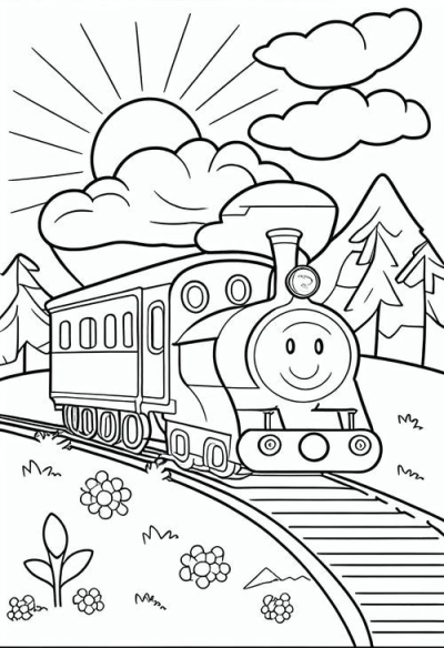 Cartoon train traveling through a landscape with sun, clouds, trees, and flowers illustration, perfect for kids.