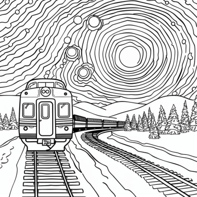 Illustration of a locomotive train on tracks with mountains, trees, and a starry sky. A detailed line drawing showing a scenic landscape.