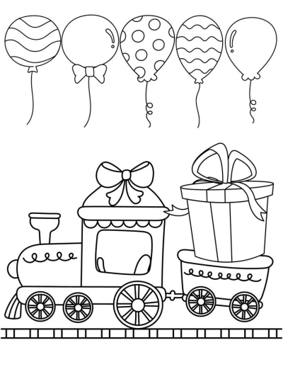 Outline drawing featuring a cute train carrying a present with balloons floating above it, perfect for a celebratory or party-themed design.