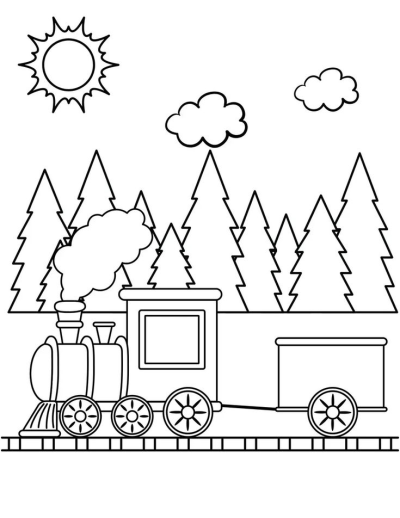 Illustration of a cartoon train steam locomotive with trees, sun and clouds on the background, line art, black and white.