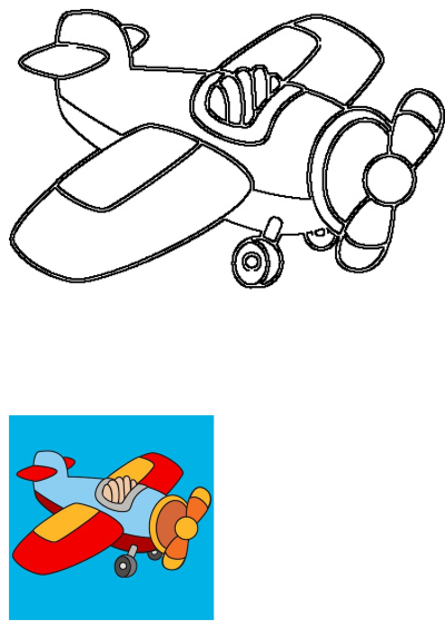 A cartoon image featuring a fun, outlined biplane perfect for kids' activities, with classic propeller, wings and tail for design.