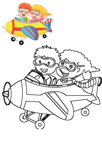 Cartoon image of a happy boy and girl wearing goggles and flying in a yellow airplane. Vector illustration.