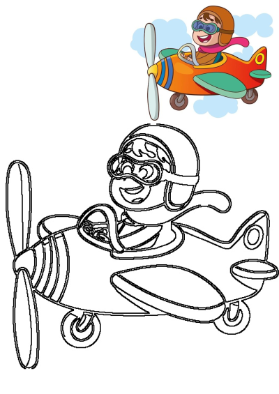 Cartoon of a boy flying an airplane. The image has both a fully colored and a black and white line art version of the boy and airplane.