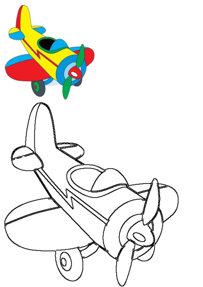 Illustration of a cartoon airplane toy, one is colored and another is outlined with black lines. 