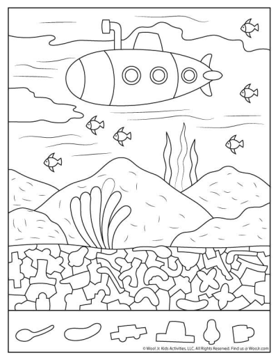 Outlined submarine underwater with fish, seabed, and plants. Find objects at the bottom, outline drawing.