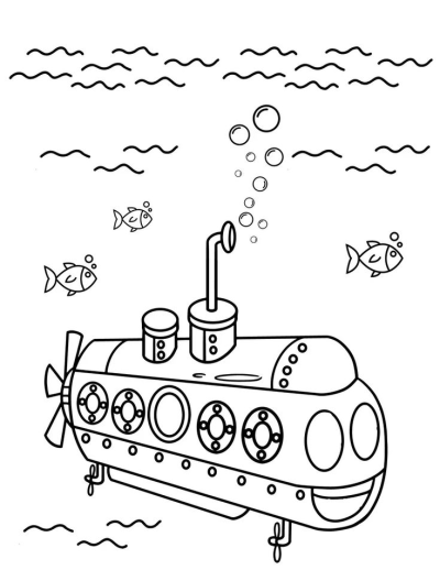 Cartoon illustration of a submarine underwater. A whimsical drawing with two small fish, waves and bubbles, perfect for a fun under the sea theme.