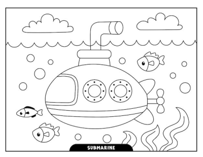 Cartoon submarine underwater surrounded by fish, bubbles, and seaweed, creating an engaging marine scene. 