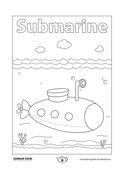 Cartoon submarine outline illustration. A simple drawing of a submarine in an underwater scene with waves, bubbles, and coral.
