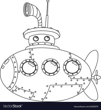 Cartoon submarine vector illustration design featuring a periscope, portholes, and propeller.  Simple submarine in black and white.