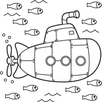 Cartoon illustration of a submarine surrounded by fish and bubbles. Cute underwater scene with a retro style submarine and aquatic life.