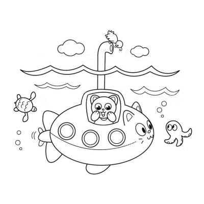 Cartoon line art image of a submarine with a bear inside, surrounded by a turtle, octopus, and bird. Ocean themed illustration.