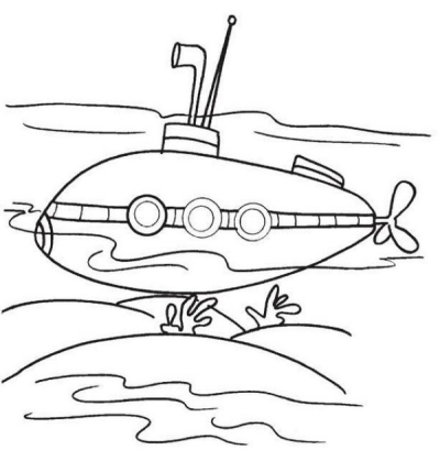 Cartoon-style line art of a submarine traveling underwater. Simple, black and white illustration of a submarine in the ocean depths.