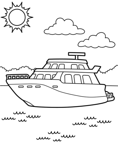 Line art image of a yacht sailing on the water under the sun and clouds. Outline drawing of a boat at sea.