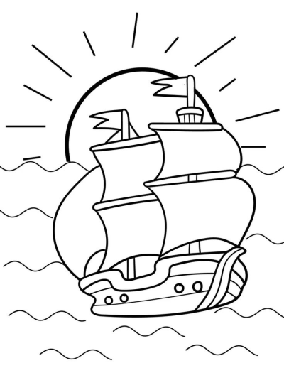 Illustration of a sailing ship on the ocean with sun rays in line art. Vintage boat with flags for nautical-themed projects.