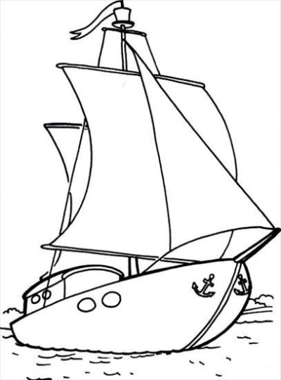 Cartoon drawing of a classic sailboat ship with large sails and anchor details on the bow, floating on water.