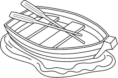 Line drawing of a rowboat floating on water, with two oars crossed inside. Simple boat illustration.