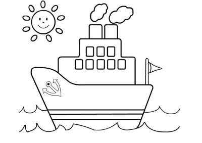 Cartoon drawing of a ship on the sea with a smiling sun in the background. The ship has an anchor on its bow and smoke stacks.