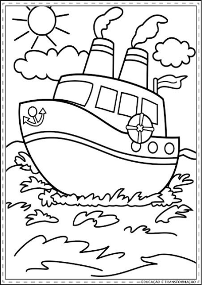 Cartoon drawing of a ship/boat on the water, with sun and clouds in the sky. Black and white line art illustration.