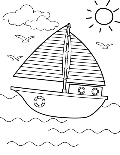 A line drawing of a sailboat floating on the sea, with clouds, gulls, and a shining sun in the sky. 