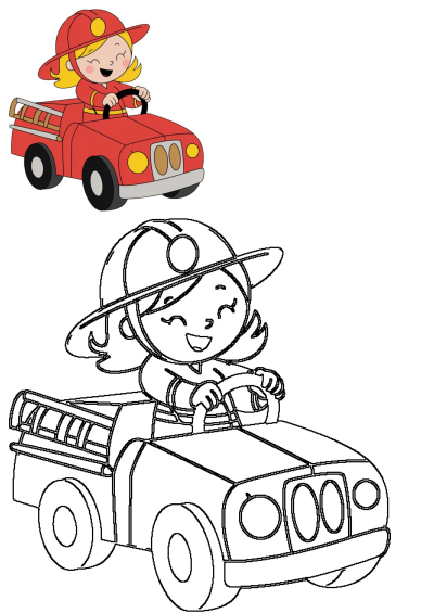 Adorable cartoon of a smiling girl in a firefighter hat driving a red fire truck. Line art version included for creative projects.