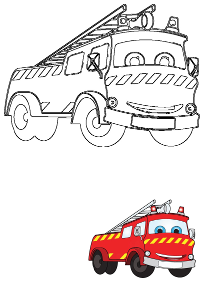 Illustration of a cute, cartoon-style fire truck with a ladder and smiling face, perfect for children's illustrations. 