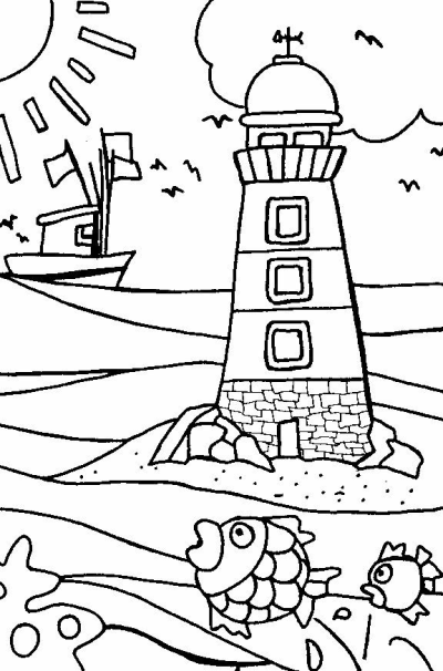 Illustration of a lighthouse by the sea with a boat, fish, and the sun in the background. Perfect for a nautical or marine-themed project.