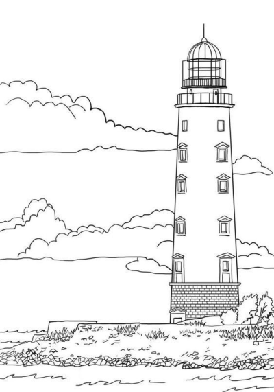 Illustration of a tall lighthouse by the sea against a cloudy sky.  A coastal landscape with rocks and vegetation in the foreground.