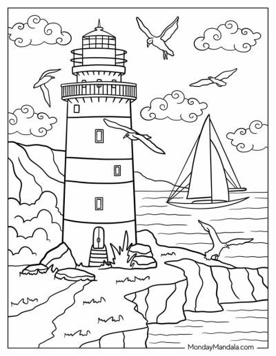 Line art featuring a lighthouse, sailboat, seagulls, and rocky coastline. Perfect for nautical themes and seaside activities. 