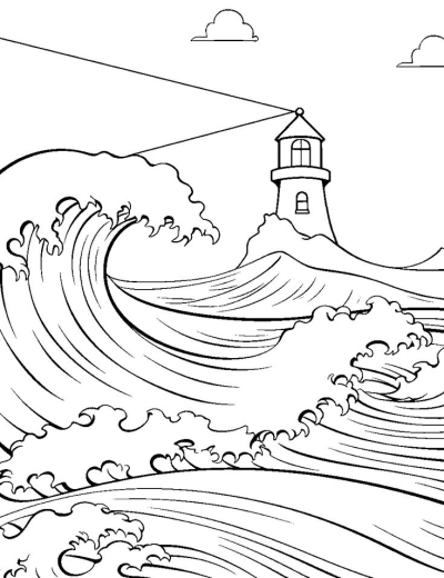 Illustration of a lighthouse standing tall amidst stormy seas, with large waves crashing around it. Clouds dot the sky above the scene.