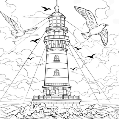 Illustration of a lighthouse on a rocky base amidst waves, with flying birds and sun rays piercing through clouds, for artistic and nautical themes.