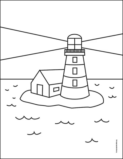 A simple line drawing of a lighthouse standing on a small island in the ocean with a small building next to it, with sea waves.