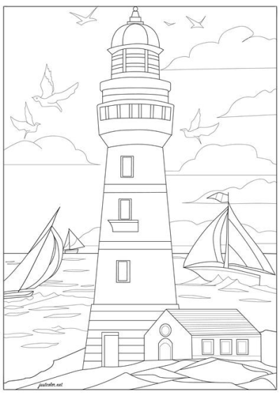 Illustration of a lighthouse near the sea, with sailing boats and birds, suitable for use as a line art for creative activities.