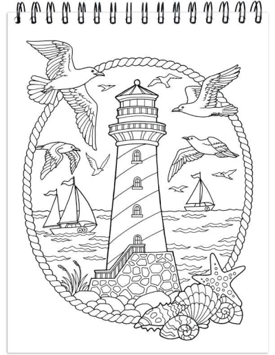 Illustration of a lighthouse, seagulls, sailing boats, and seashells framed by a rope border. Maritime theme for creative projects.