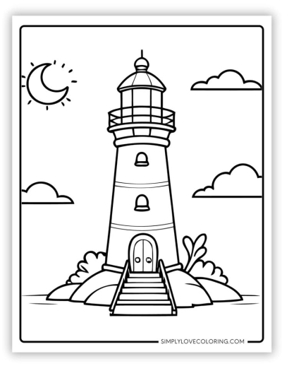 A simple line art illustration of a lighthouse on a small island, with clouds and a crescent moon in the sky.