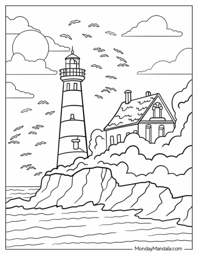 Illustration of a lighthouse near the ocean, a house on a hill, and birds flying, under the sun and clouds.
