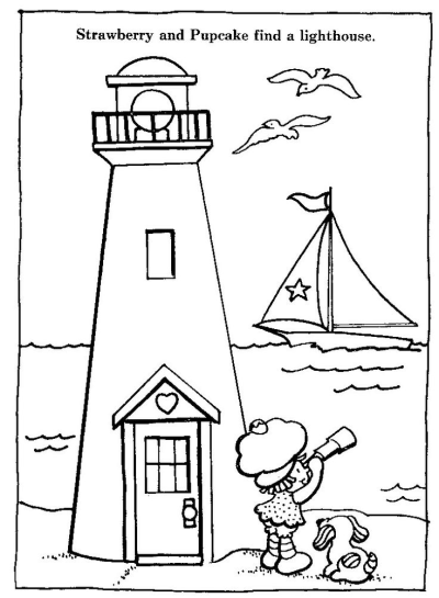 Illustration of Strawberry Shortcake and Pupcake discovering a lighthouse near the ocean, complete with a sailboat and flying seagulls.